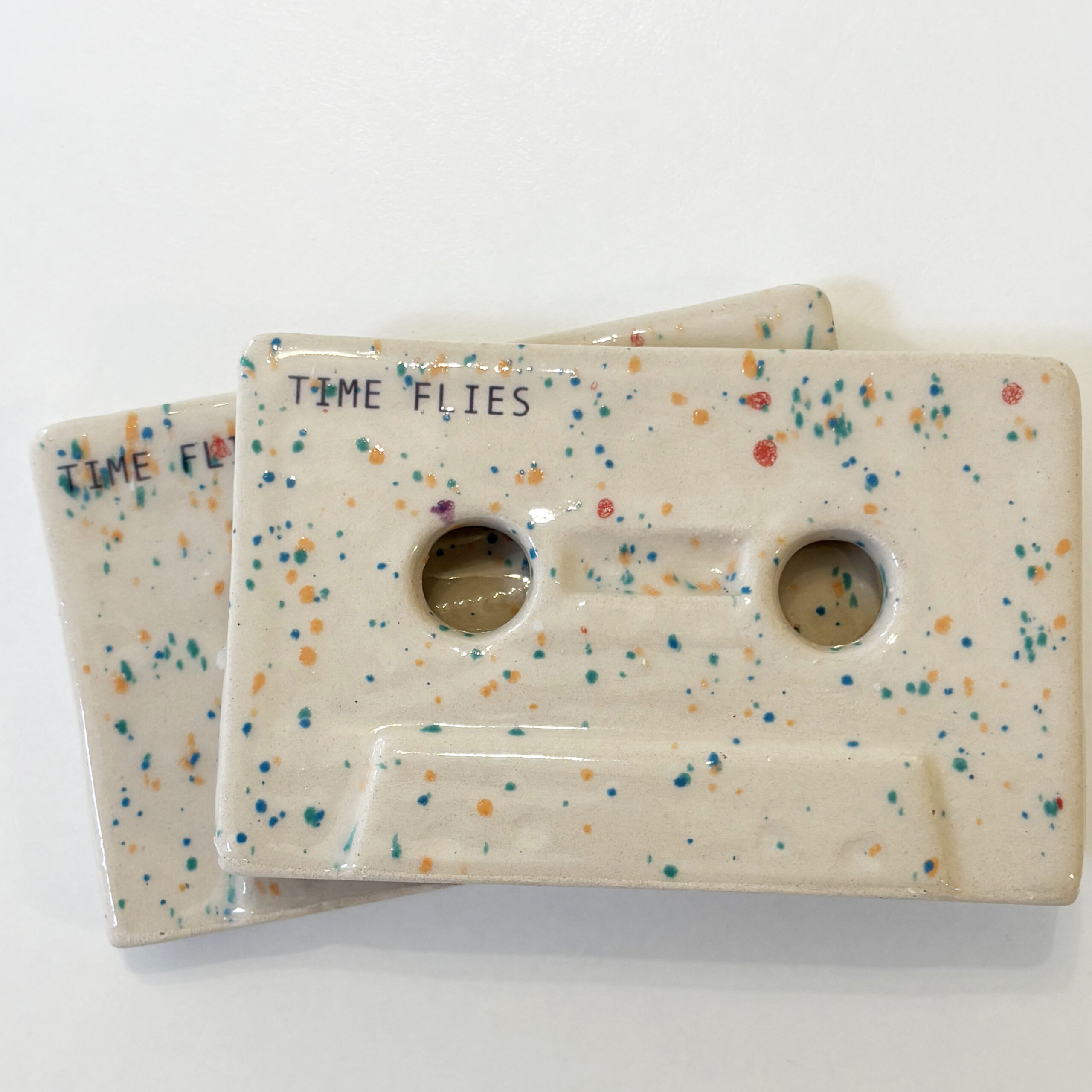 Time flies, cassette tape, Shiny speckled off white